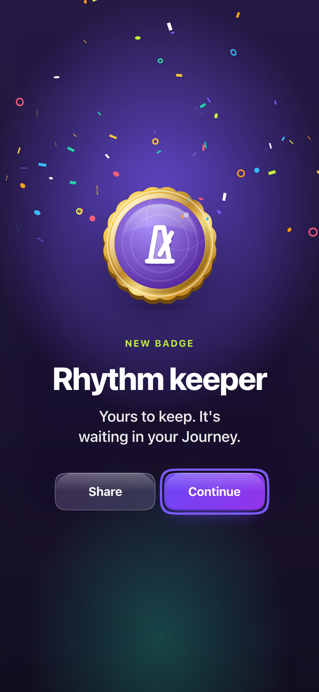 A new badge celebration in Avrit: Rhythm keeper, yours to keep