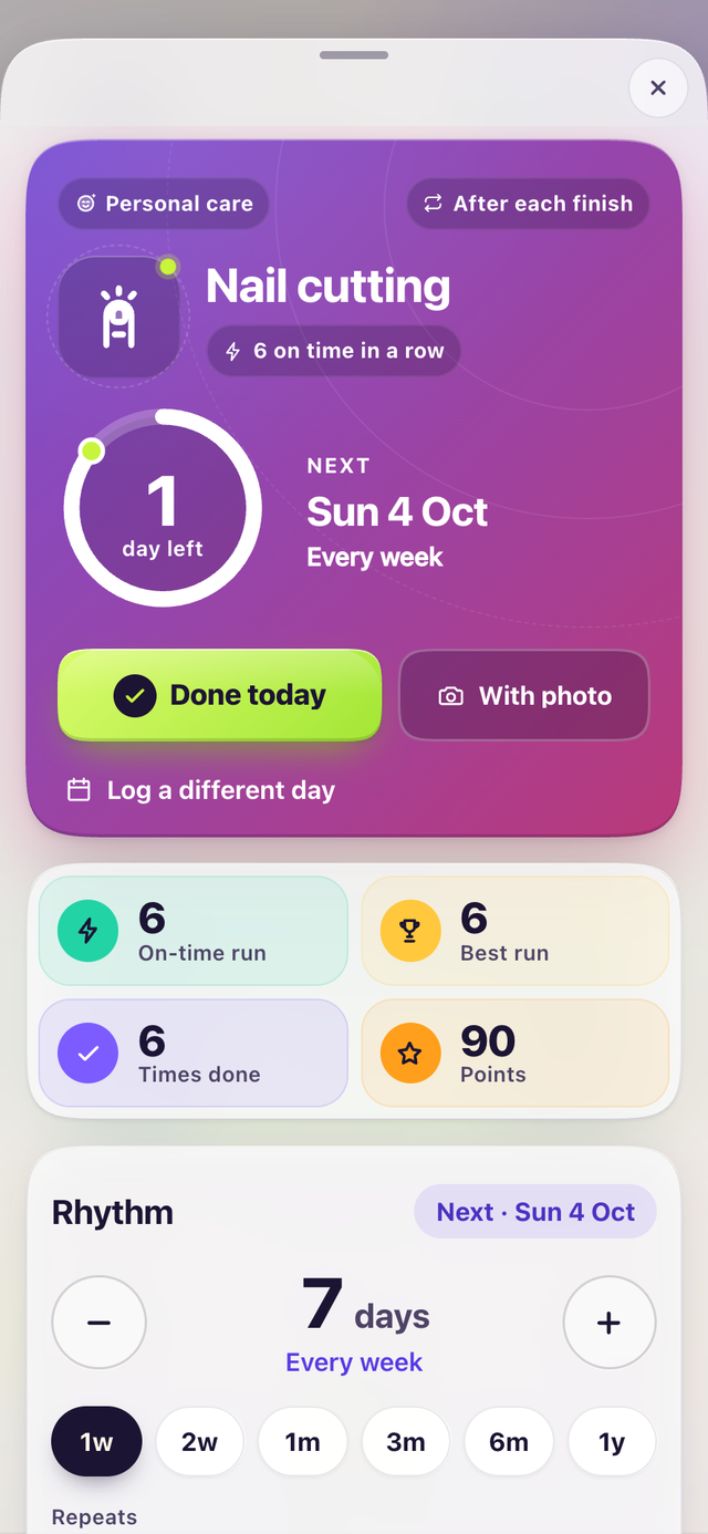 An Avrit’s detail: Nail cutting, 1 day left, with Done today and With photo buttons, and stats for on-time run, best run, times done and points