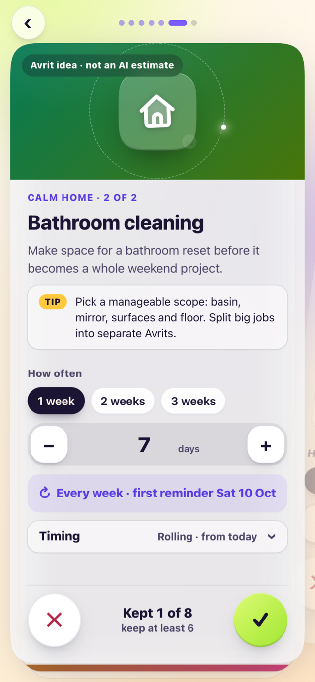 Setting up Avrit: an idea card for Bathroom cleaning in the Calm home set, every week, with keep and skip buttons