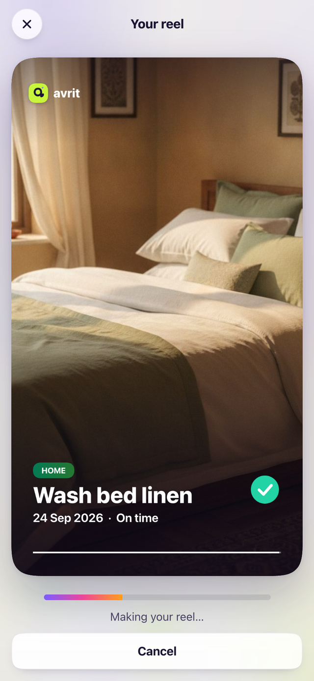 Making a reel in Avrit: a photo of fresh bed linen captioned Wash bed linen, 24 September 2026, on time