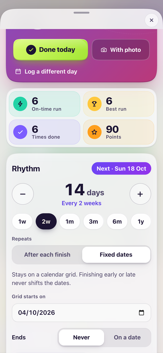 Avrit’s rhythm controls: 14 days, every 2 weeks, with presets from 1 week to 1 year and a choice between After each finish and Fixed dates