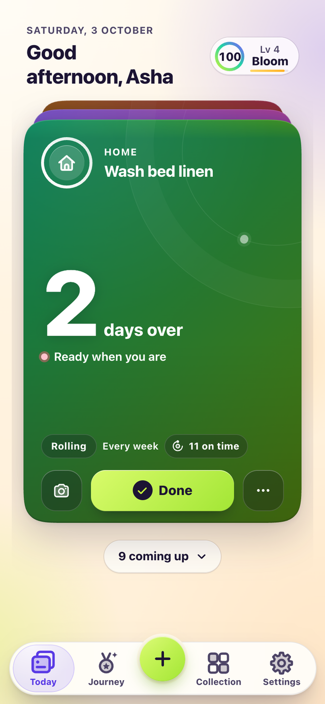 Avrit’s Today screen: a countdown card for Wash bed linen, 2 days over, ready when you are, with a big Done button