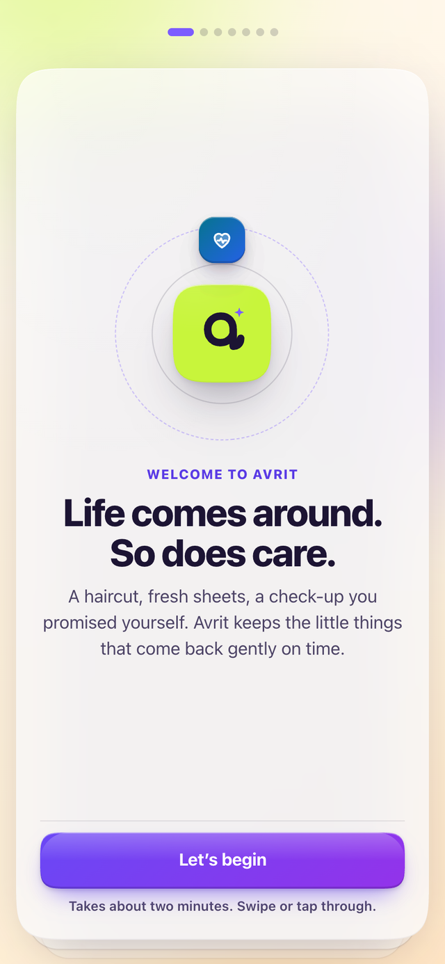 Avrit’s welcome card: Life comes around. So does care. Takes about two minutes.